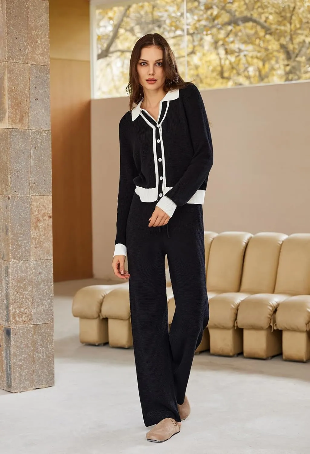 Viottiset Women's 2 Piece Outfits Sweatsuit Set Long Sleeve Button Sweatshirt Wide Leg Sweatpants Lounge Set Tracksuit