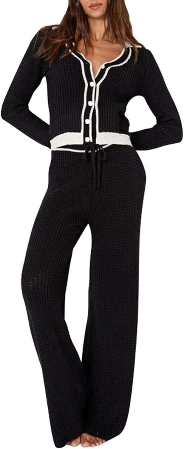 Viottiset Women's 2 Piece Outfits Sweatsuit Set Long Sleeve Button Sweatshirt Wide Leg Sweatpants Lounge Set Tracksuit