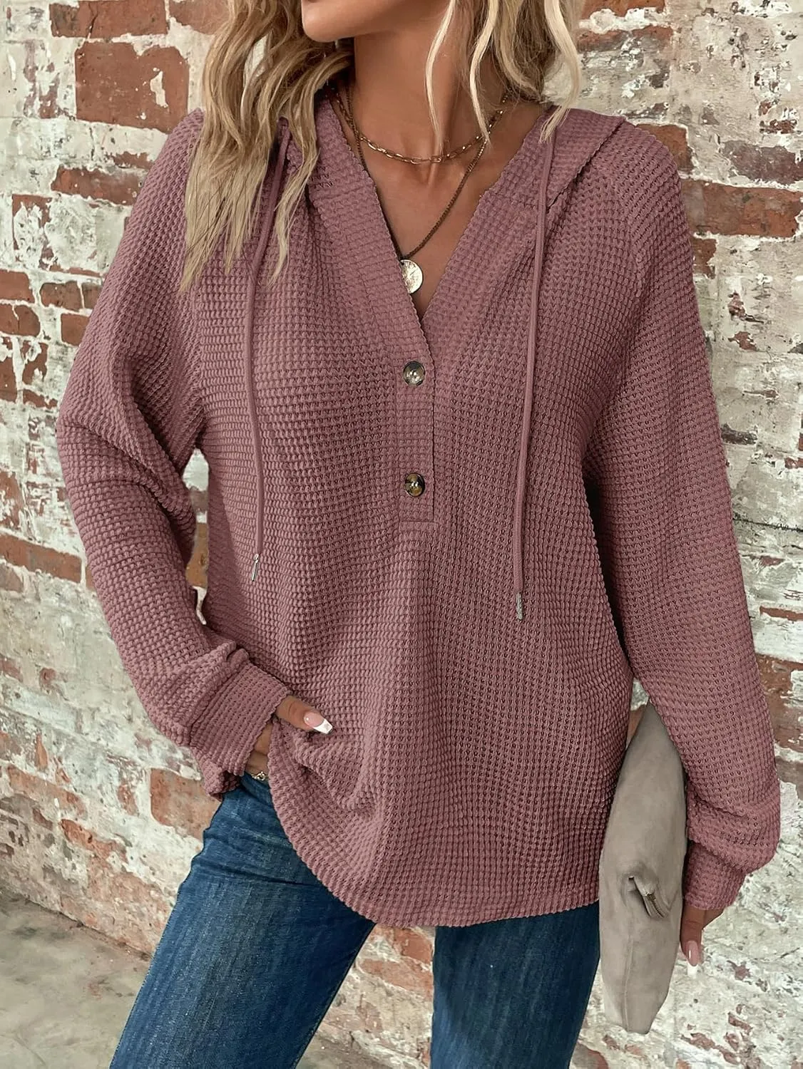 WDIRARA Women's Oversized Hoodies Waffle Knit Sweatshirt V Neck Button Up Hoodie Pullover