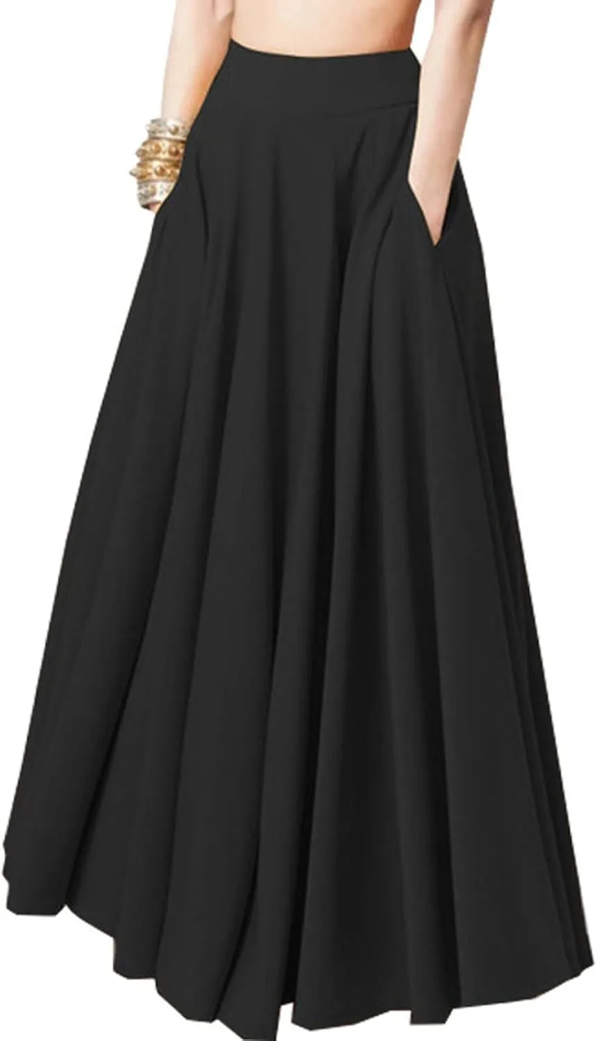 Women A-Line Pleated High Waist Maxi Skirt Full Ankle Length Flowy Swing Elegant Dressy Casual Work Long Skirts