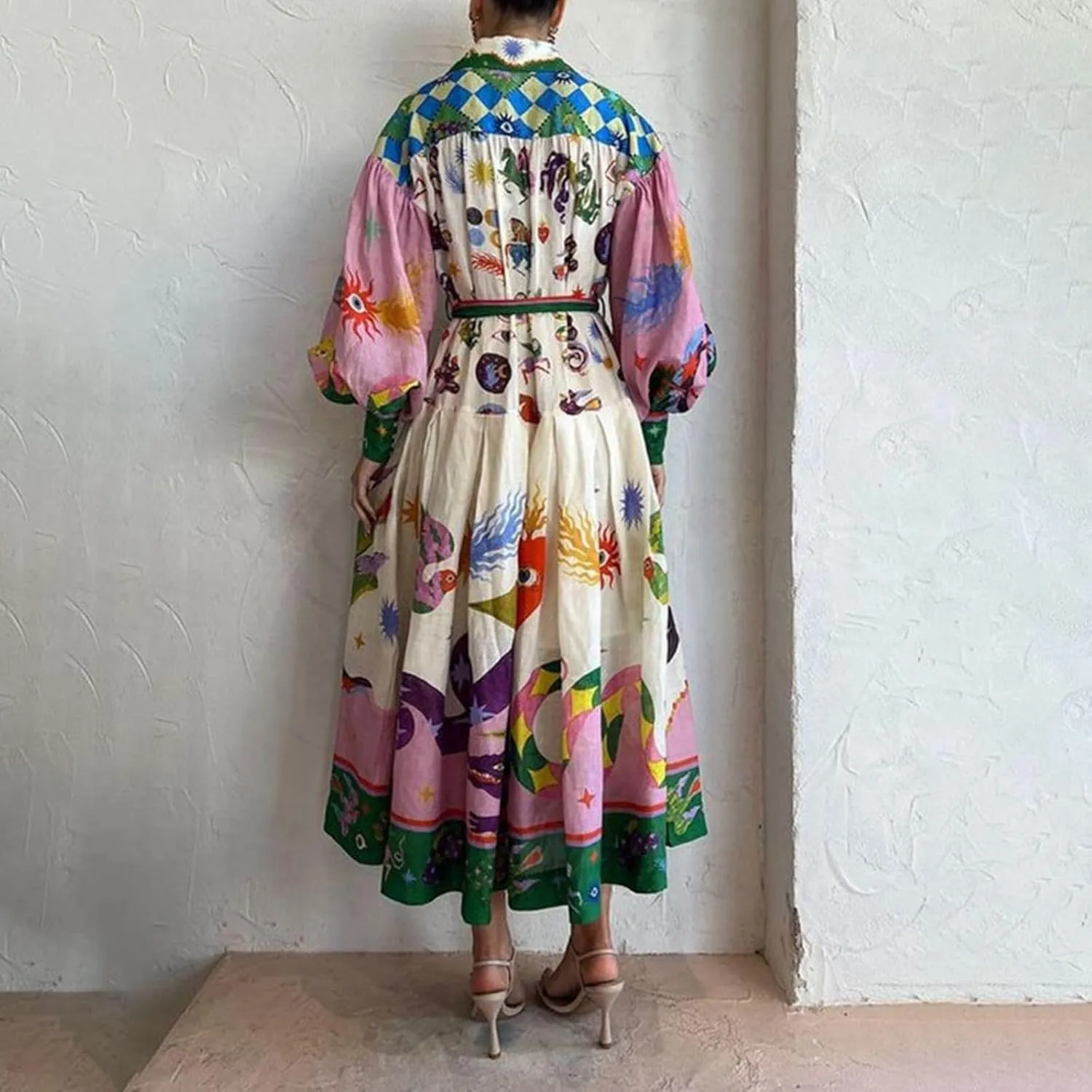 Women Cute Print Maxi Dress Loose Long Sleeve Boho Flowy Graffiti Long Aline Wedding Guest Dress