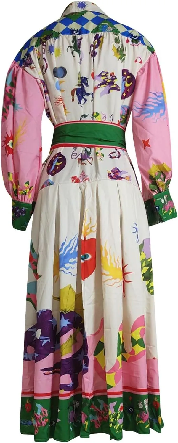 Women Cute Print Maxi Dress Loose Long Sleeve Boho Flowy Graffiti Long Aline Wedding Guest Dress