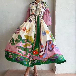 Women Cute Print Maxi Dress Loose Long Sleeve Boho Flowy Graffiti Long Aline Wedding Guest Dress