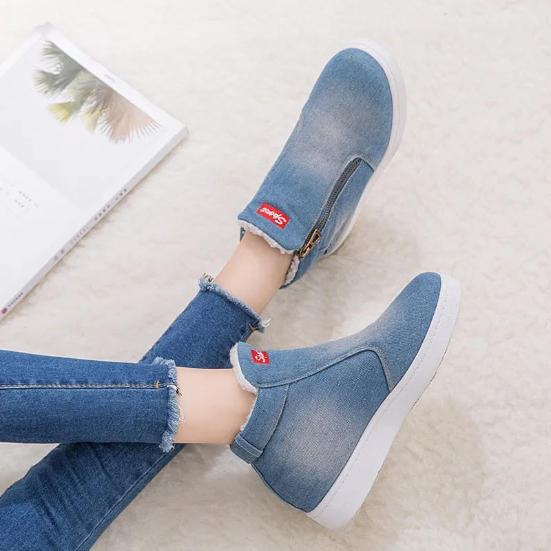 Women Fashion Denim Fleeces Breathable Hollow Lace-Up Sneakers Shoes