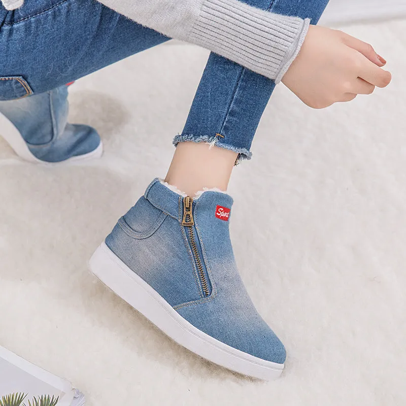 Women Fashion Denim Fleeces Breathable Hollow Lace-Up Sneakers Shoes
