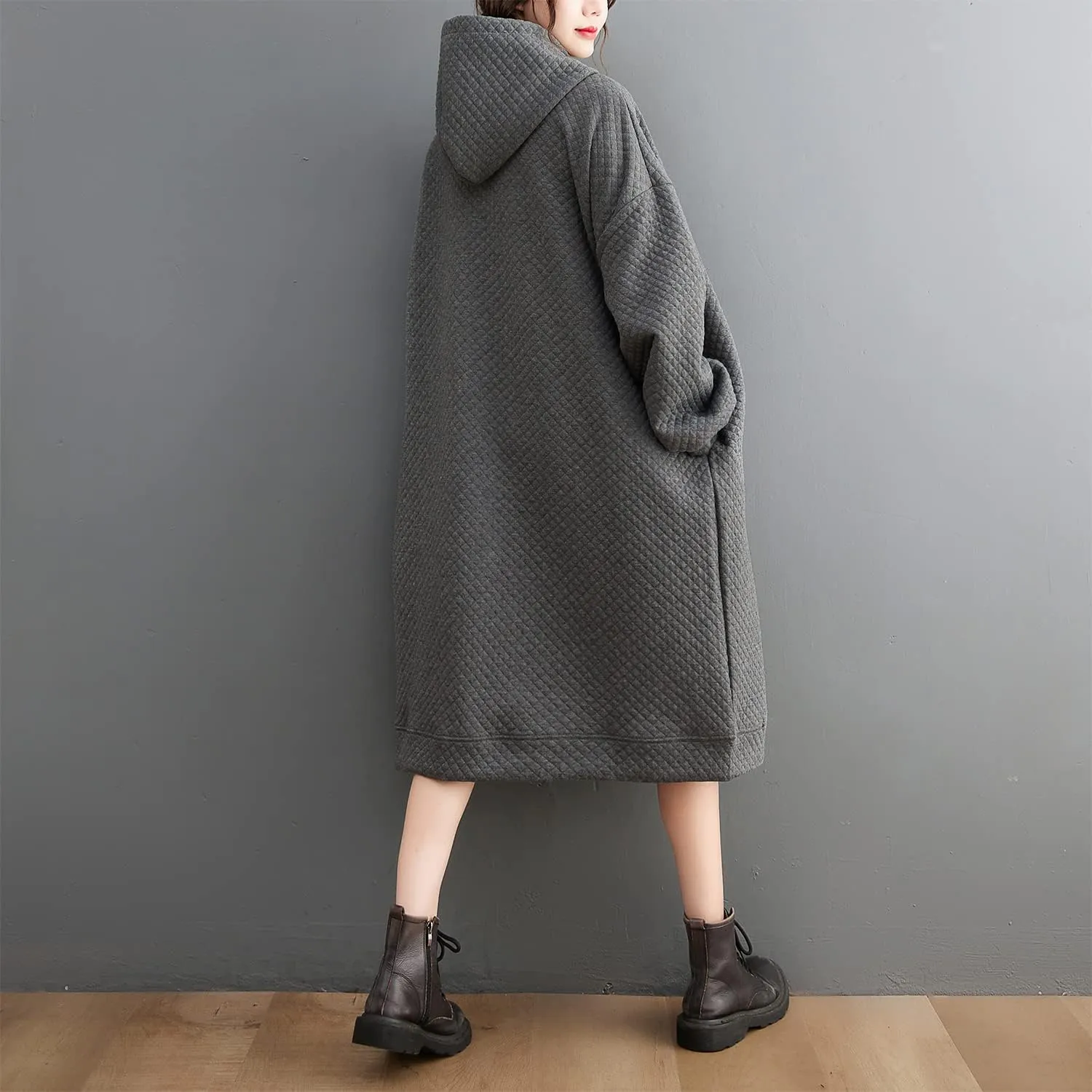 Women Hoodie Sweatshirt Dress Oversized Pockets Hooded Drawstring Dress