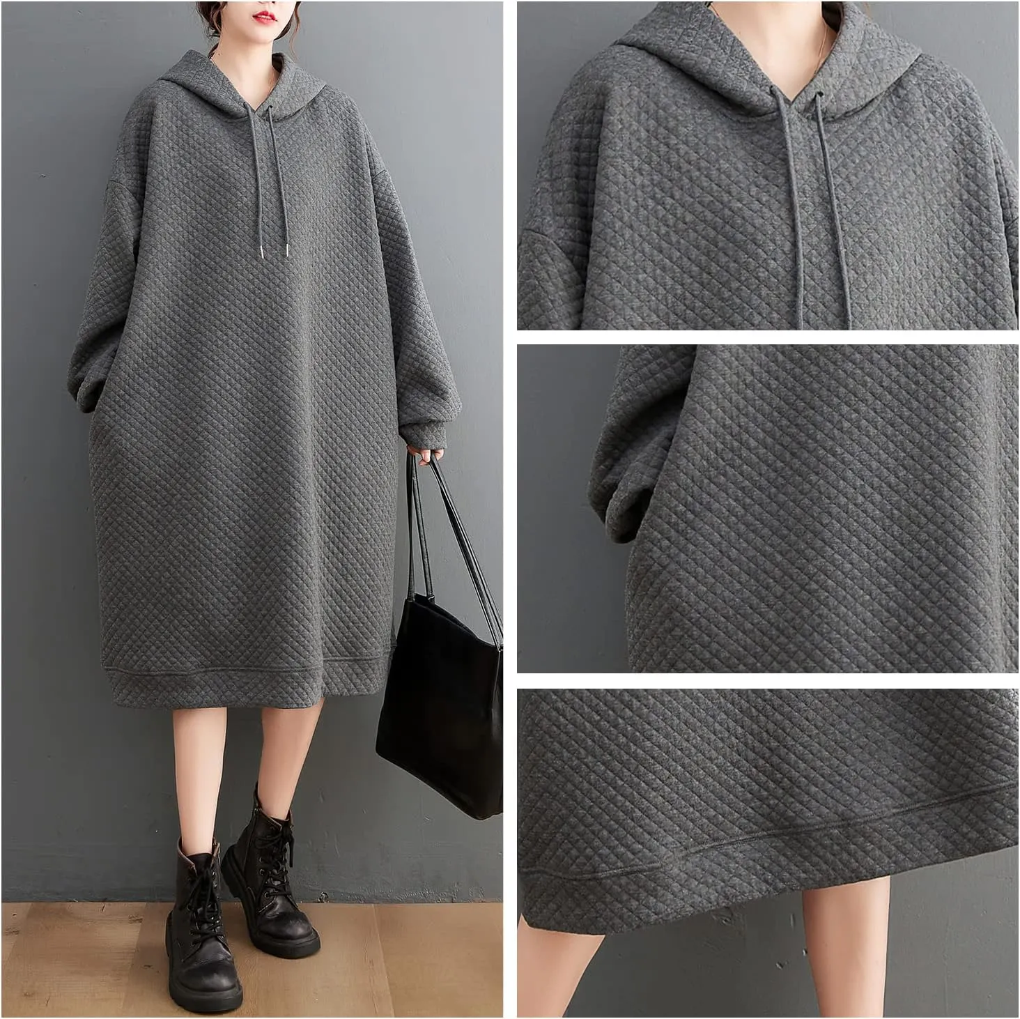 Women Hoodie Sweatshirt Dress Oversized Pockets Hooded Drawstring Dress