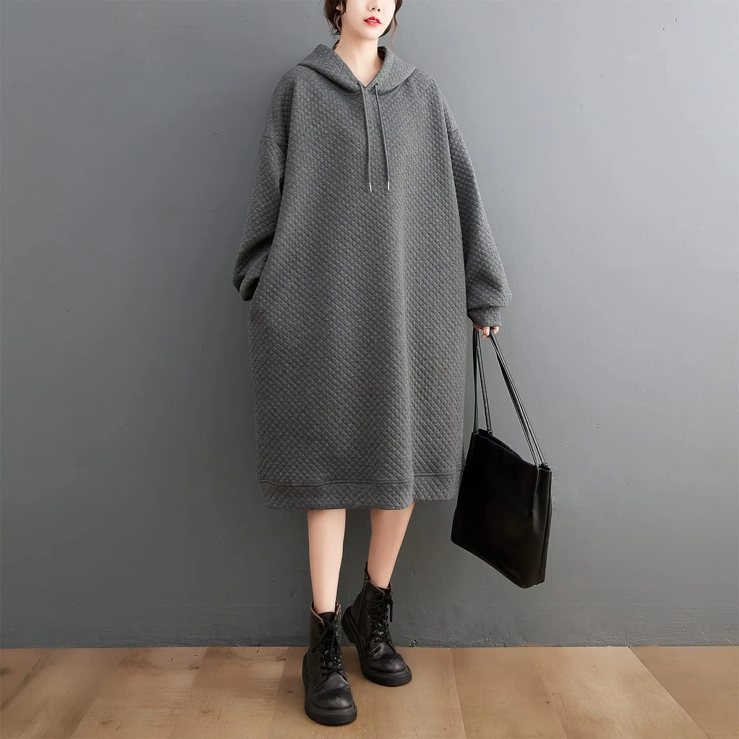 Women Hoodie Sweatshirt Dress Oversized Pockets Hooded Drawstring Dress