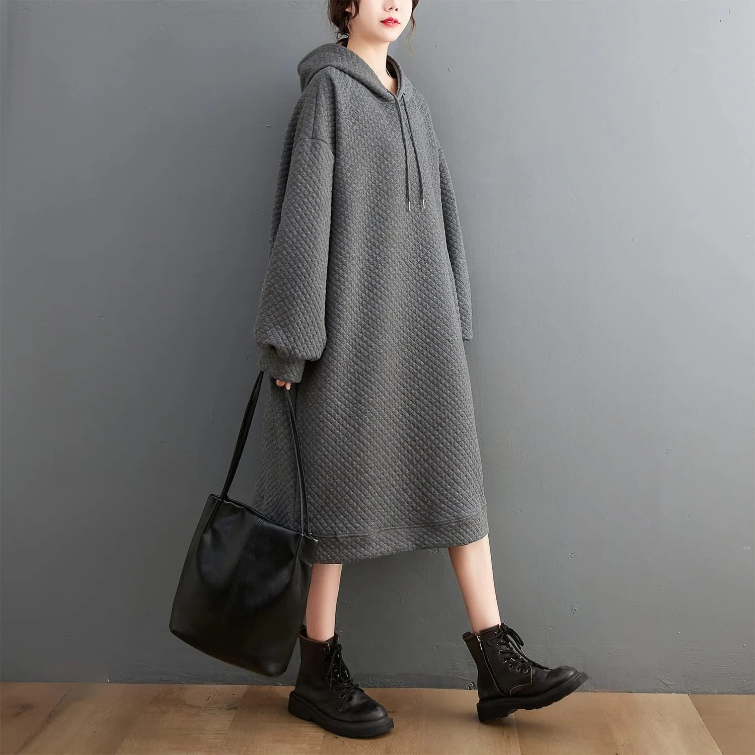 Women Hoodie Sweatshirt Dress Oversized Pockets Hooded Drawstring Dress