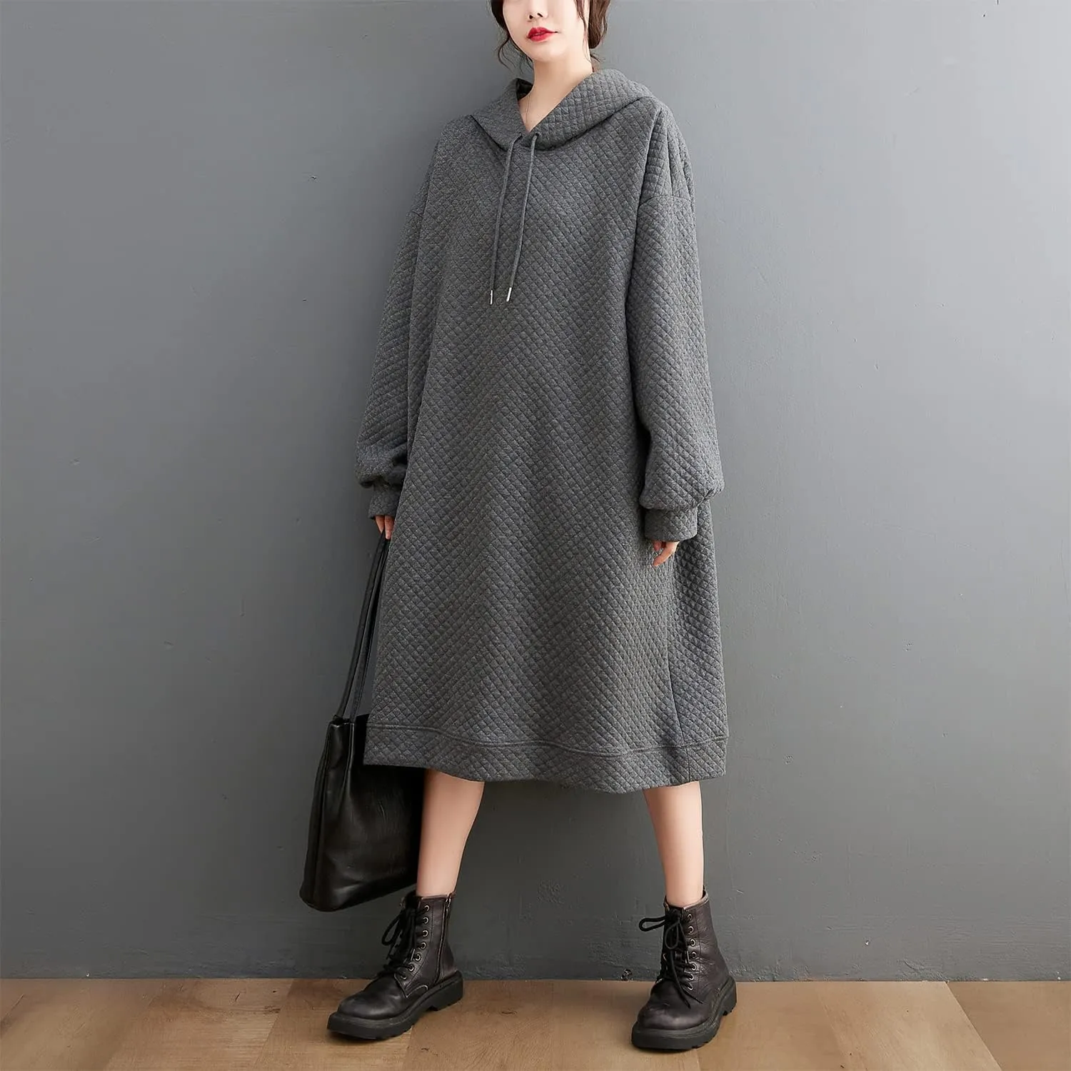 Women Hoodie Sweatshirt Dress Oversized Pockets Hooded Drawstring Dress