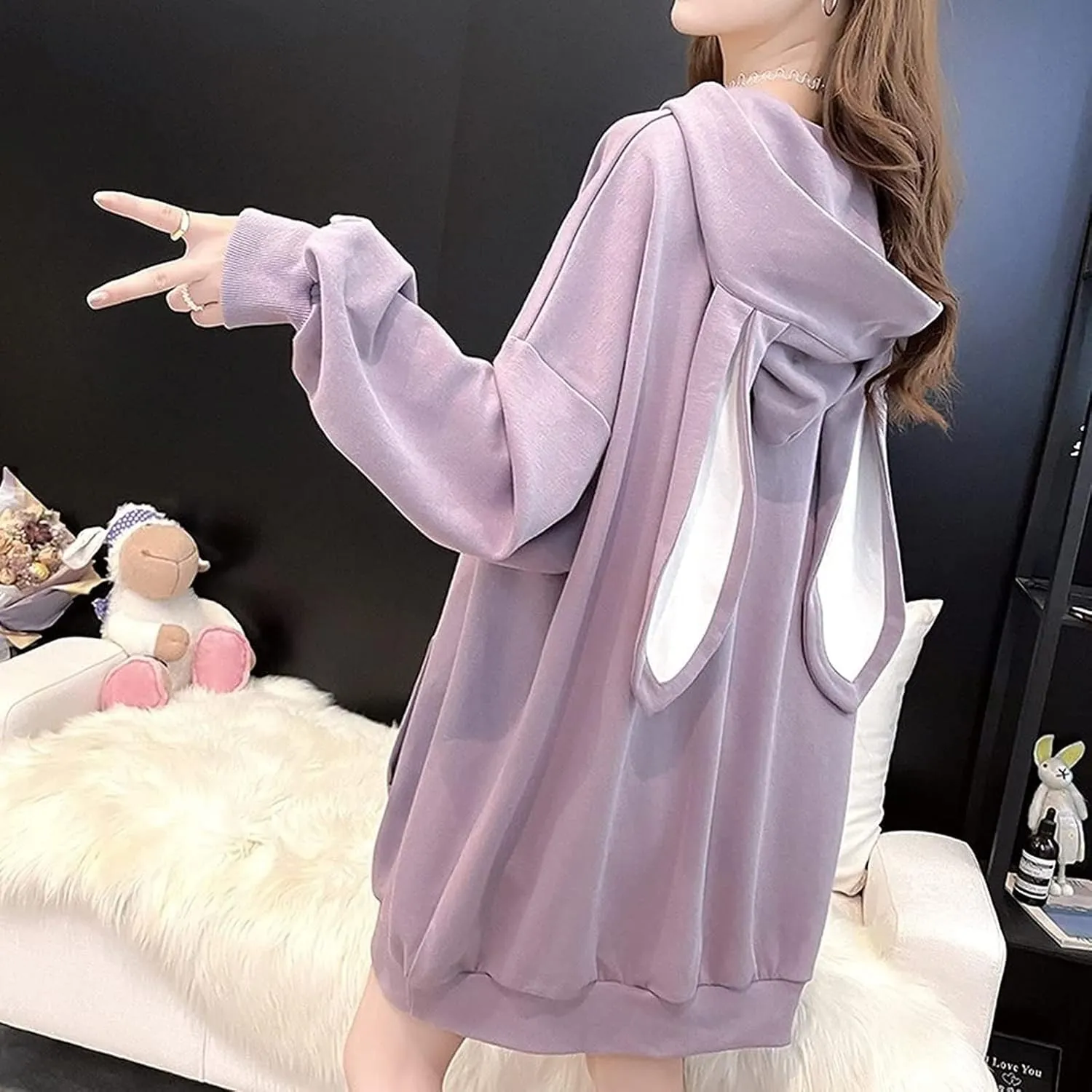 Women Kawaii Bunny Ear Hoodie Rabbit Aesthetic Cute Oversized Japanese Hooded Sweatshirt Long Sleeve Top Fall Winter