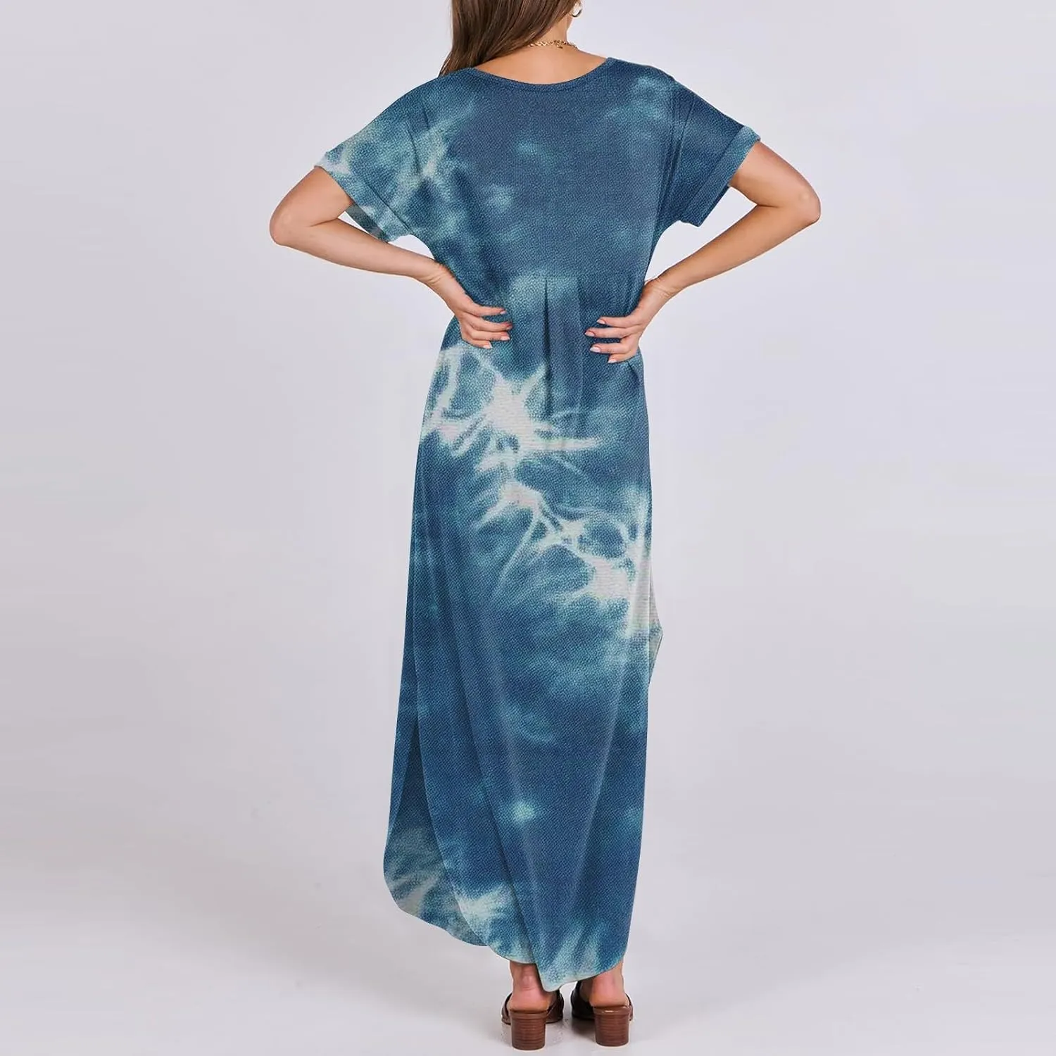 Women Maxi Dresses Summer Short Sleeve Crewneck Split Hem T Shirt Dress with Pocket Solid Vacation Party Dresses