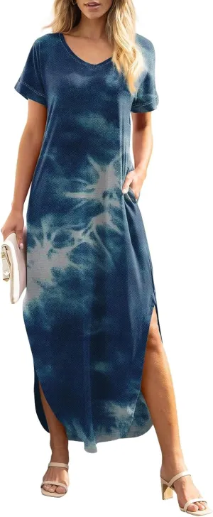 Women Maxi Dresses Summer Short Sleeve Crewneck Split Hem T Shirt Dress with Pocket Solid Vacation Party Dresses