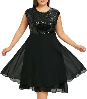 Women Plus Size Evening Gown Round Neck Chiffon Sequin Zipper A-Line Midi Sleeveless Tank Party Sundresses