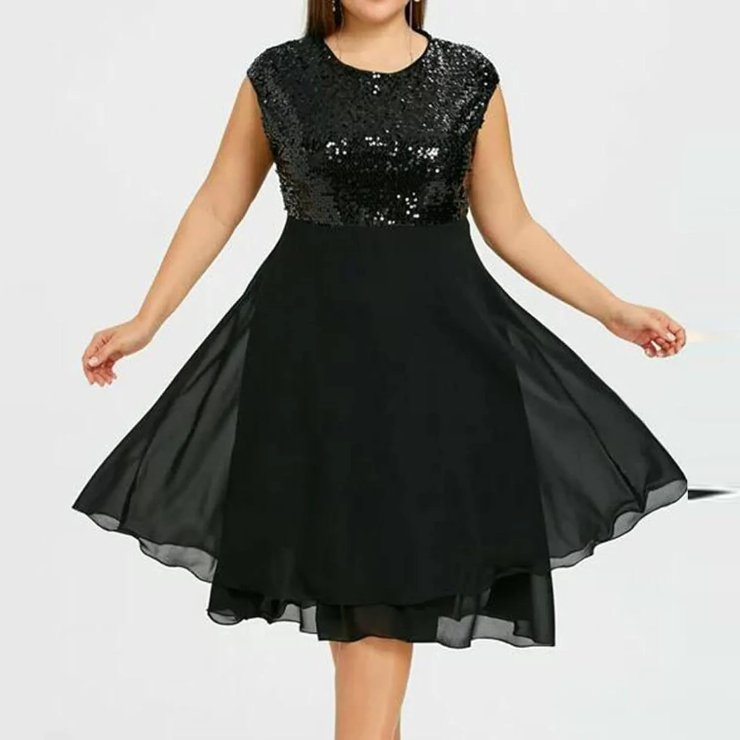 Women Plus Size Evening Gown Round Neck Chiffon Sequin Zipper A-Line Midi Sleeveless Tank Party Sundresses