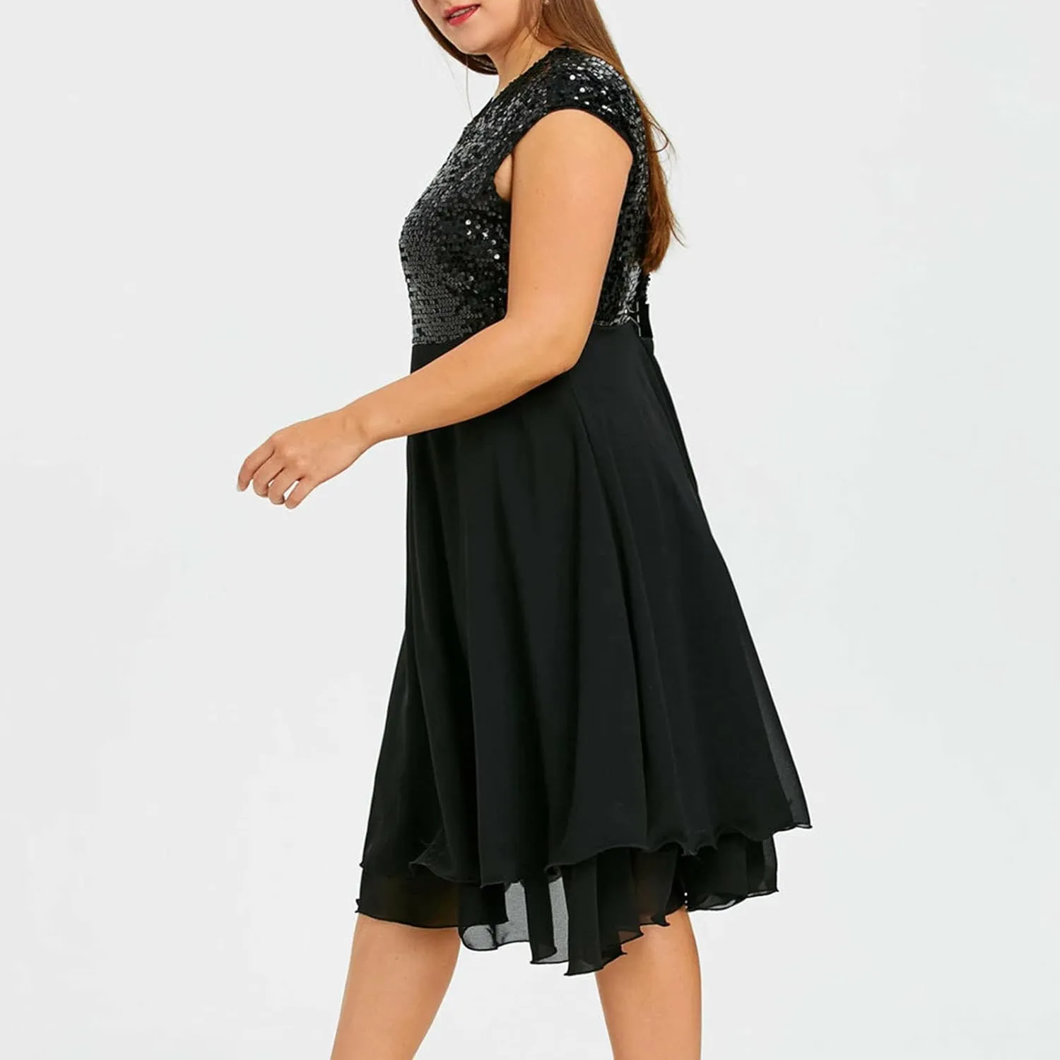 Women Plus Size Evening Gown Round Neck Chiffon Sequin Zipper A-Line Midi Sleeveless Tank Party Sundresses
