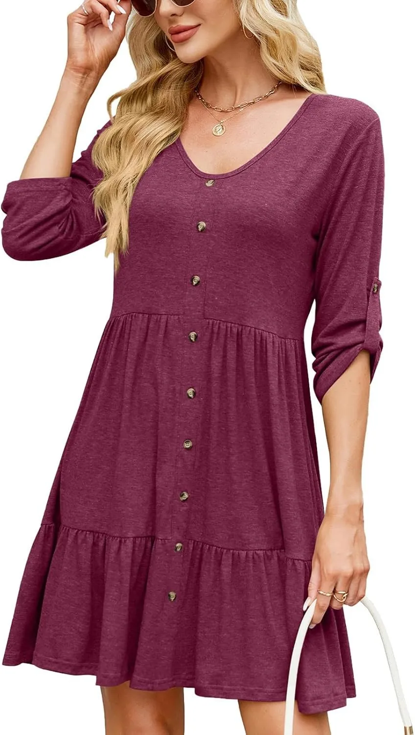 Women Summer Tunic Dress V Neck 3/4 Sleeve Cuffed Casual Button Flowy Swing Dresses Ruffle Hem Mini Beach Dress