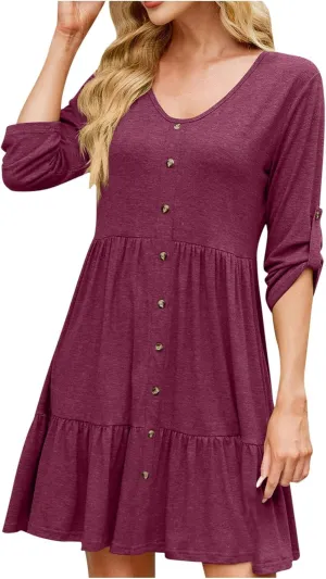 Women Summer Tunic Dress V Neck 3/4 Sleeve Cuffed Casual Button Flowy Swing Dresses Ruffle Hem Mini Beach Dress