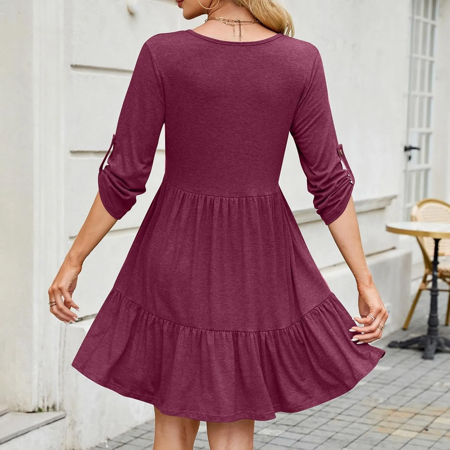 Women Summer Tunic Dress V Neck 3/4 Sleeve Cuffed Casual Button Flowy Swing Dresses Ruffle Hem Mini Beach Dress