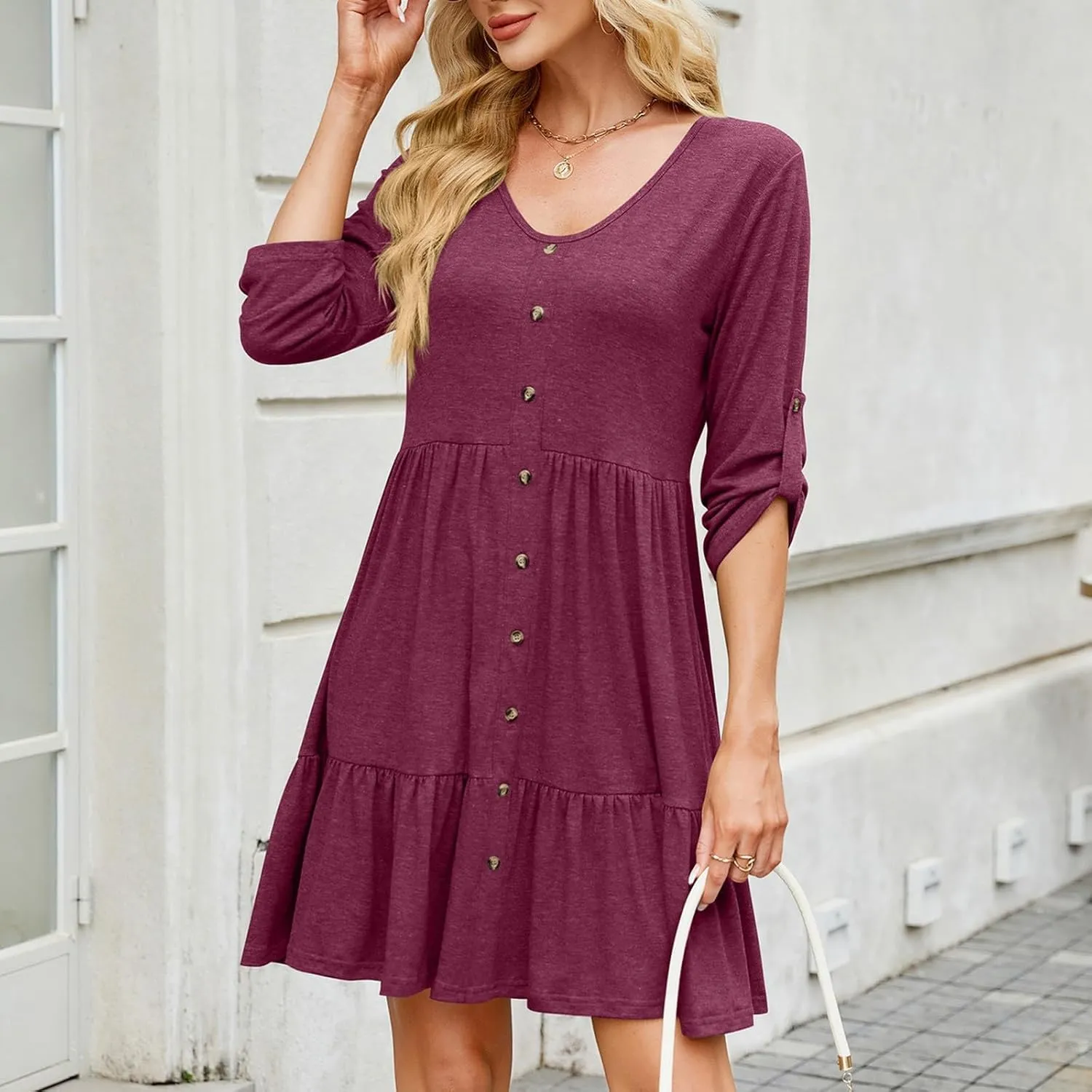 Women Summer Tunic Dress V Neck 3/4 Sleeve Cuffed Casual Button Flowy Swing Dresses Ruffle Hem Mini Beach Dress