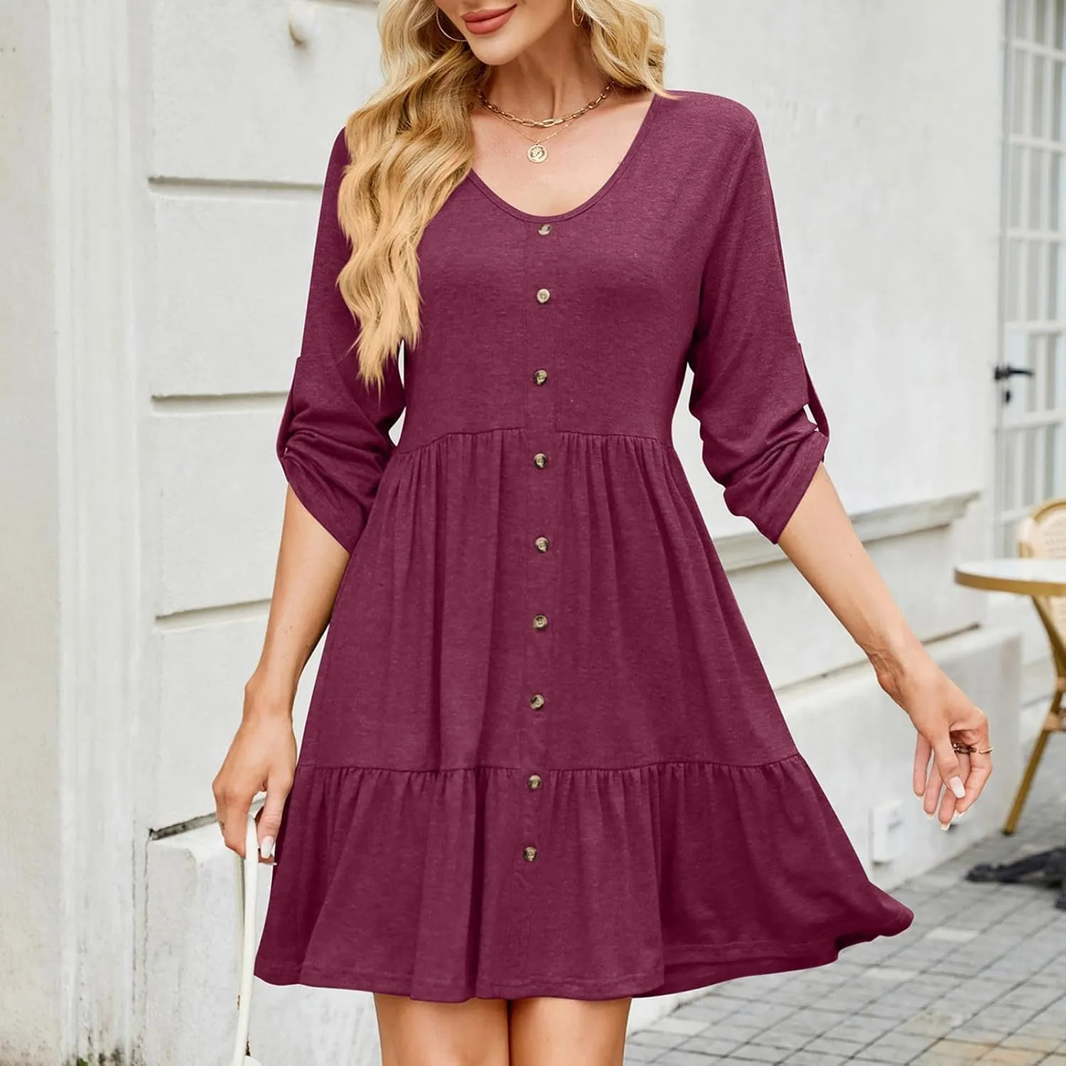 Women Summer Tunic Dress V Neck 3/4 Sleeve Cuffed Casual Button Flowy Swing Dresses Ruffle Hem Mini Beach Dress