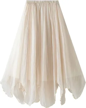 Women Tulle Skirt Elastic High Waist Irregular Hem Pleated Mesh Girl's A Line Midi Layered Skirt
