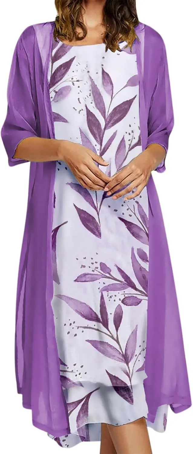 Women Two Piece Outfits Sleeveless Floral Print Long Dress with Cardigan Loose Casual Crew Neck Flowy Maxi Dress