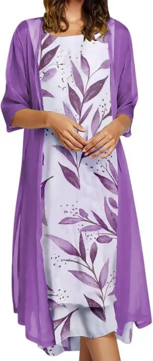 Women Two Piece Outfits Sleeveless Floral Print Long Dress with Cardigan Loose Casual Crew Neck Flowy Maxi Dress