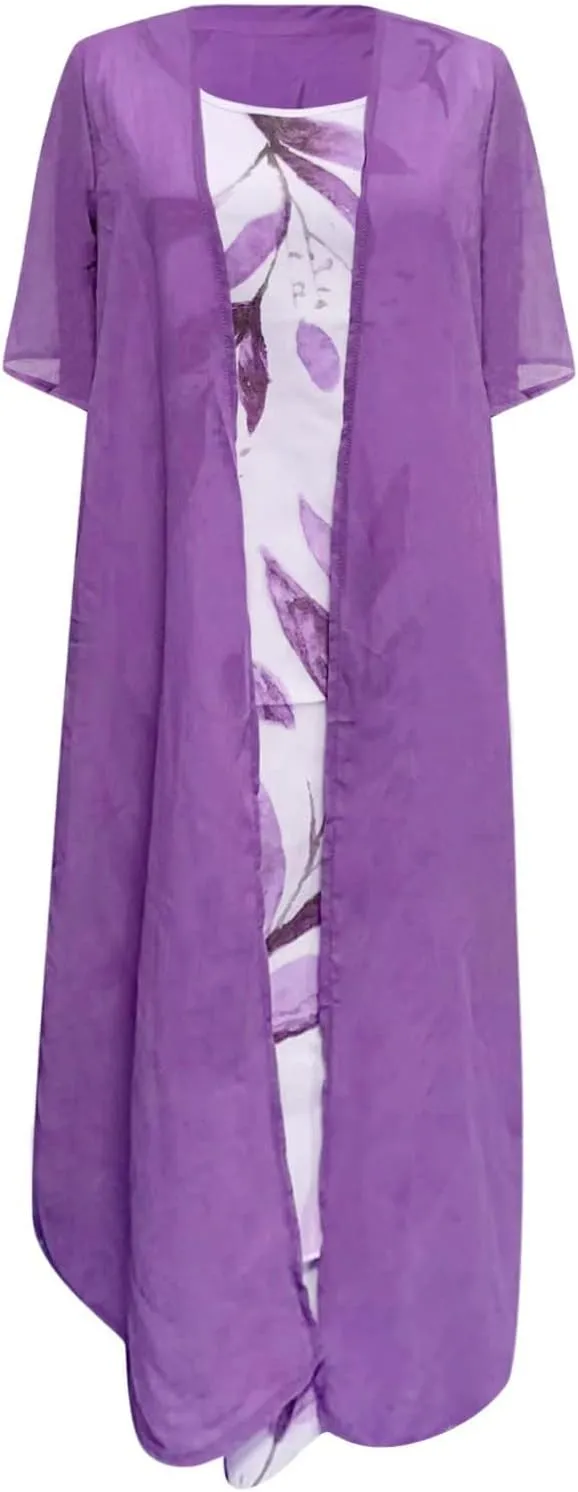 Women Two Piece Outfits Sleeveless Floral Print Long Dress with Cardigan Loose Casual Crew Neck Flowy Maxi Dress