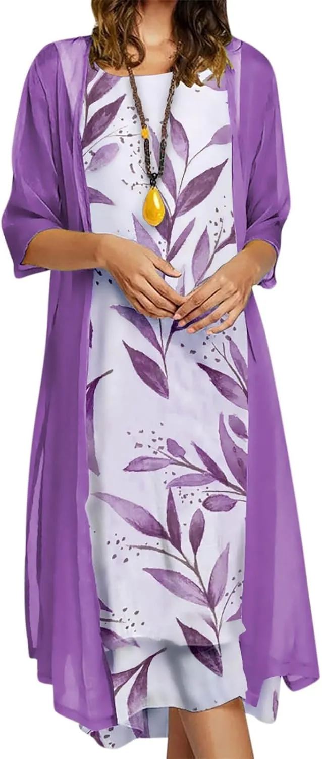 Women Two Piece Outfits Sleeveless Floral Print Long Dress with Cardigan Loose Casual Crew Neck Flowy Maxi Dress