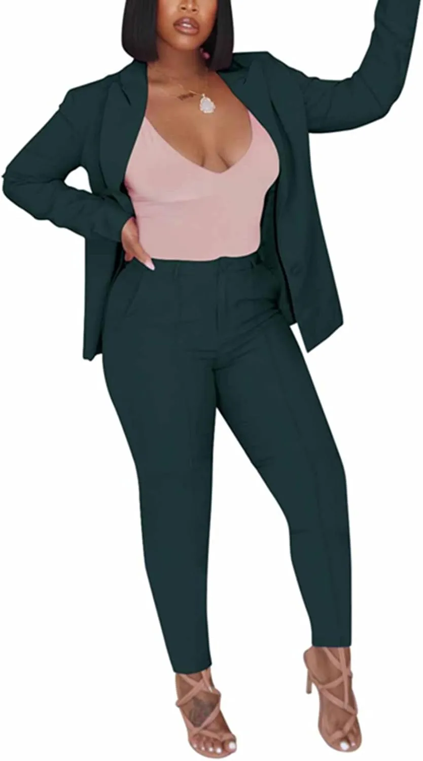 Women's 2 Piece Outfit Deep V Long Sleeve Solid Color Blazer with Pants Elegant Business Suit Sets