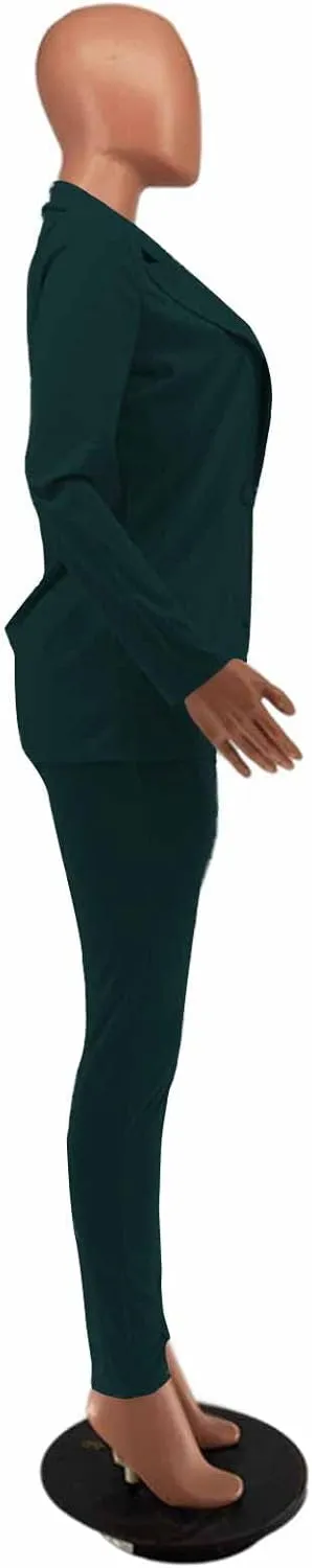Women's 2 Piece Outfit Deep V Long Sleeve Solid Color Blazer with Pants Elegant Business Suit Sets