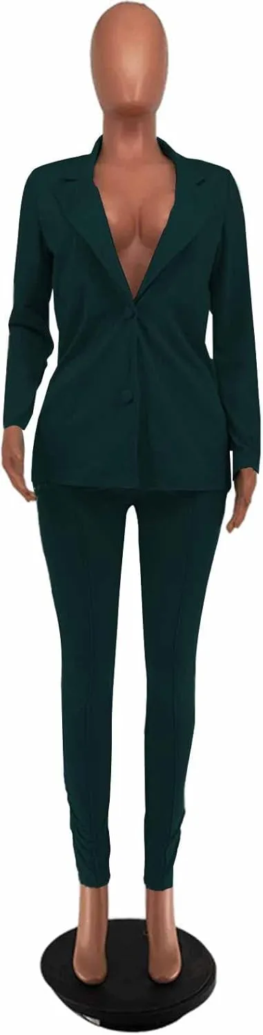 Women's 2 Piece Outfit Deep V Long Sleeve Solid Color Blazer with Pants Elegant Business Suit Sets
