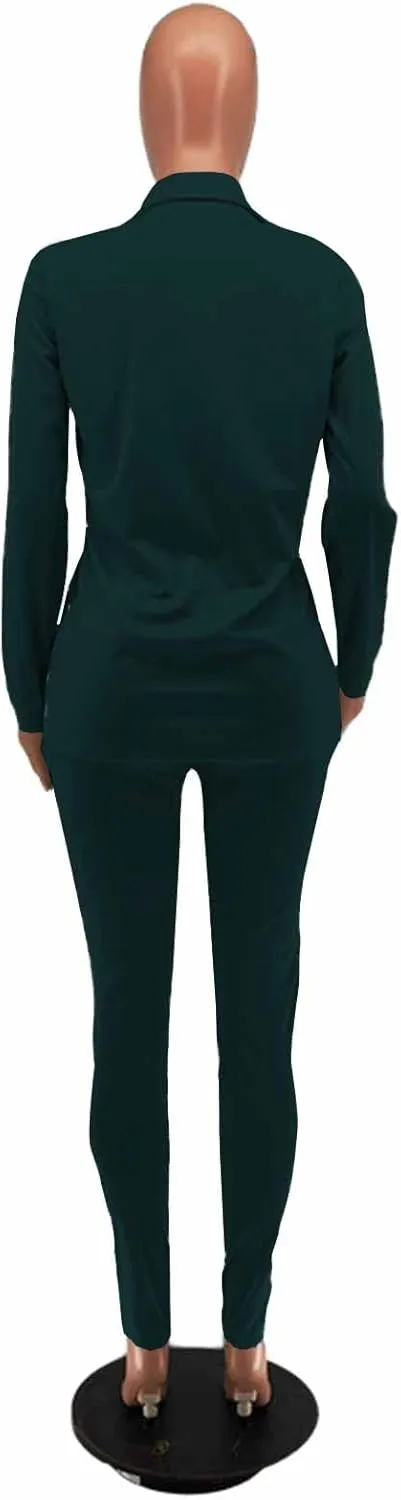 Women's 2 Piece Outfit Deep V Long Sleeve Solid Color Blazer with Pants Elegant Business Suit Sets