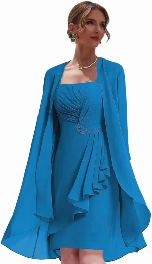Women's 2 Pieces Mother of The Bride Dresses for Wedding Short Formal Dress with Jacket Chiffon Evening Gown