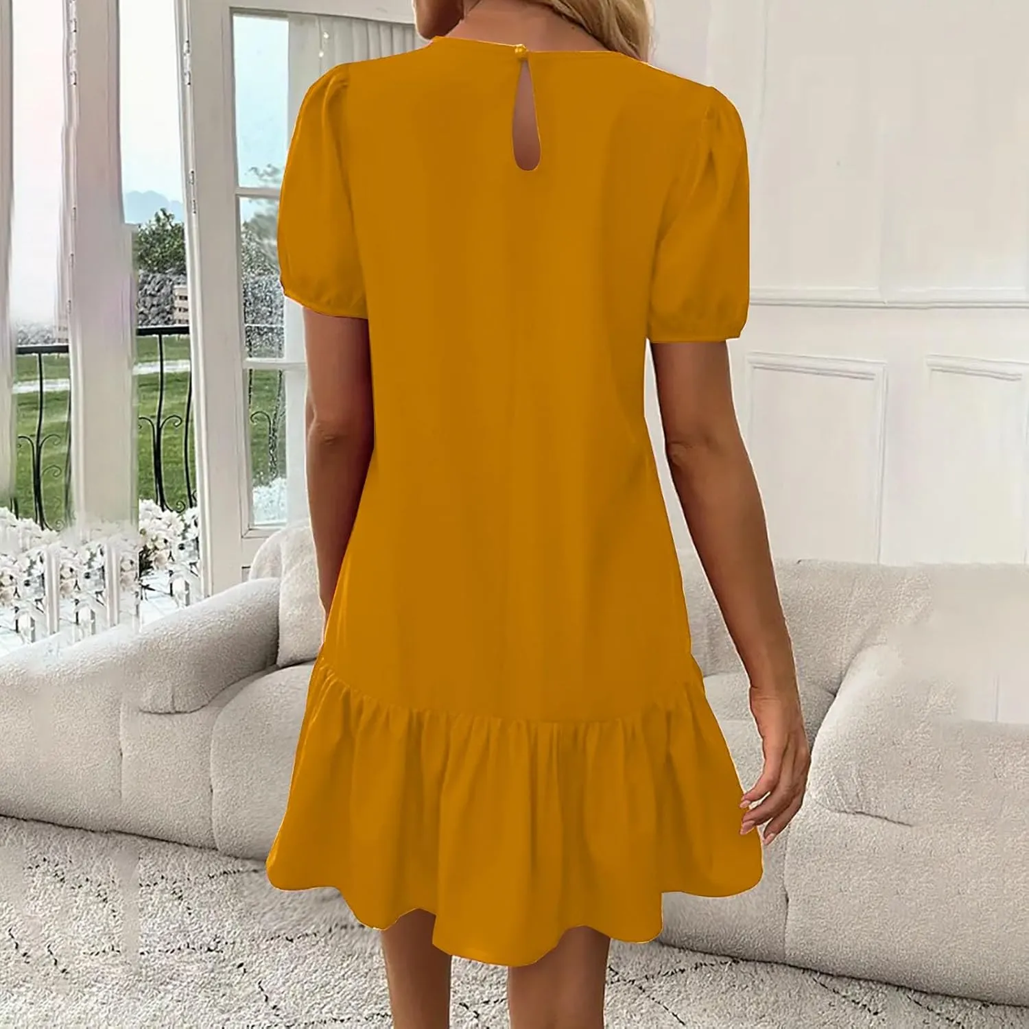 Womens 2025 Summer T Shirt Pleated Dress Cute Puff Short Sleeve Mini Dresses Casual Swing Ruffle Hem A-Line Dress