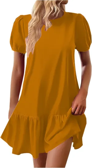 Womens 2025 Summer T Shirt Pleated Dress Cute Puff Short Sleeve Mini Dresses Casual Swing Ruffle Hem A-Line Dress