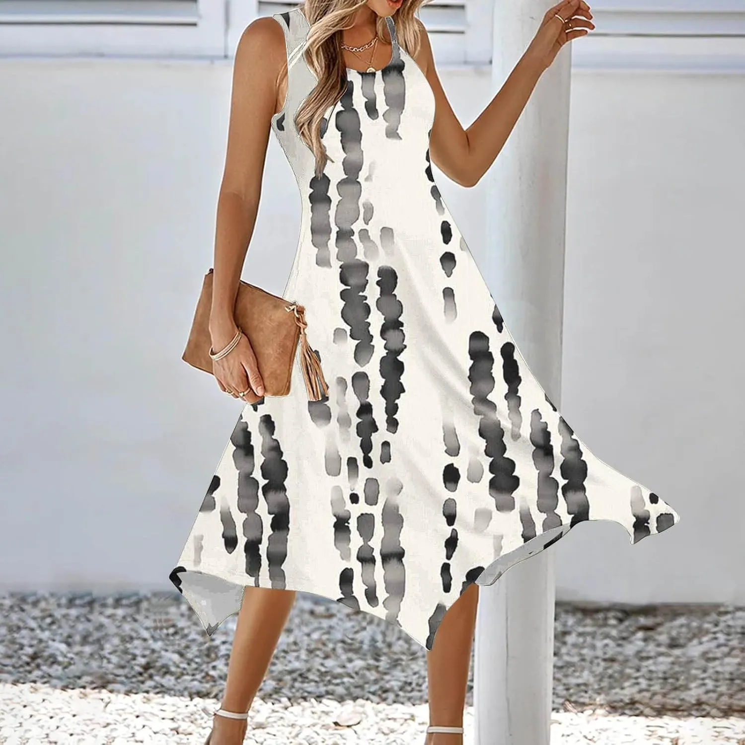 Womens Casual Dress Summer Floral Long Tank Dresses Hankerchief Flare Loose Flowy Midi Beach Sundress with Pockets