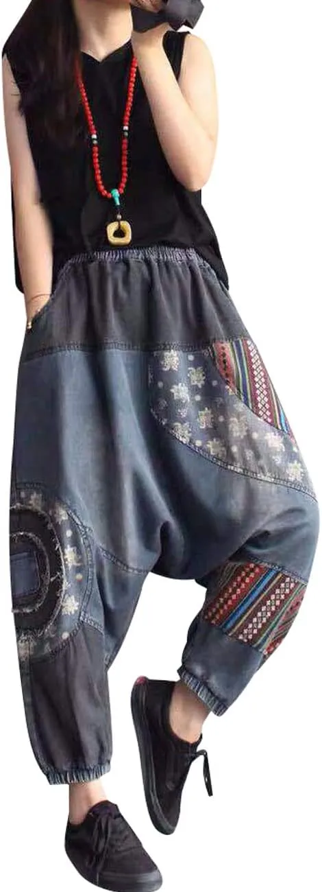 Women's Casual Harem Pants Elastic Waist Drop Crotch Denim Jeans