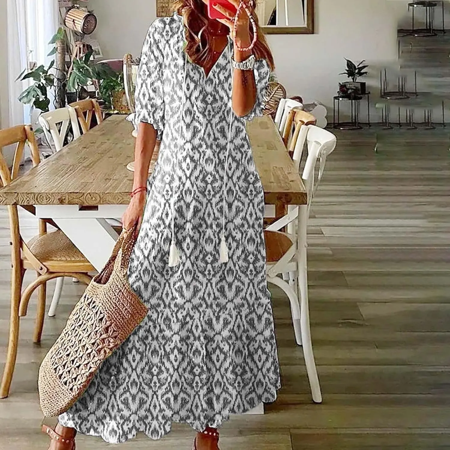 Women's Casual Loose Bohemian Floral Dresses 2024 3/4 Sleeve V Neck Ruffle A Line Flowy Summer Beach Dress