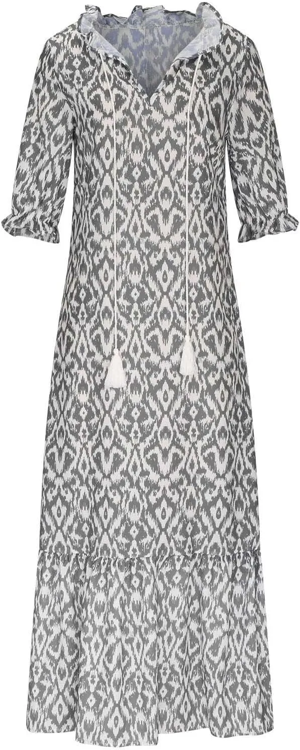 Women's Casual Loose Bohemian Floral Dresses 2024 3/4 Sleeve V Neck Ruffle A Line Flowy Summer Beach Dress