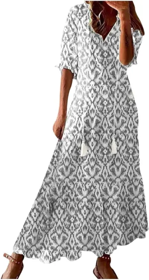 Women's Casual Loose Bohemian Floral Dresses 2024 3/4 Sleeve V Neck Ruffle A Line Flowy Summer Beach Dress