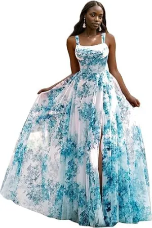 Women's Chiffon Prom Dresses Spaghetti Straps Floral Print Ball Gowns Ruched A Line with Slit Long Evening Gown