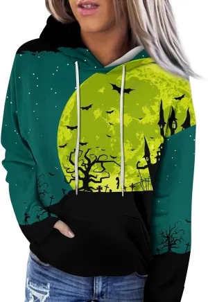 Women's Halloween Witch Shadow Print Casual Shirt Oversized Halloween Graphic Hoodie Fall Fashion Long Sleeve Pullover