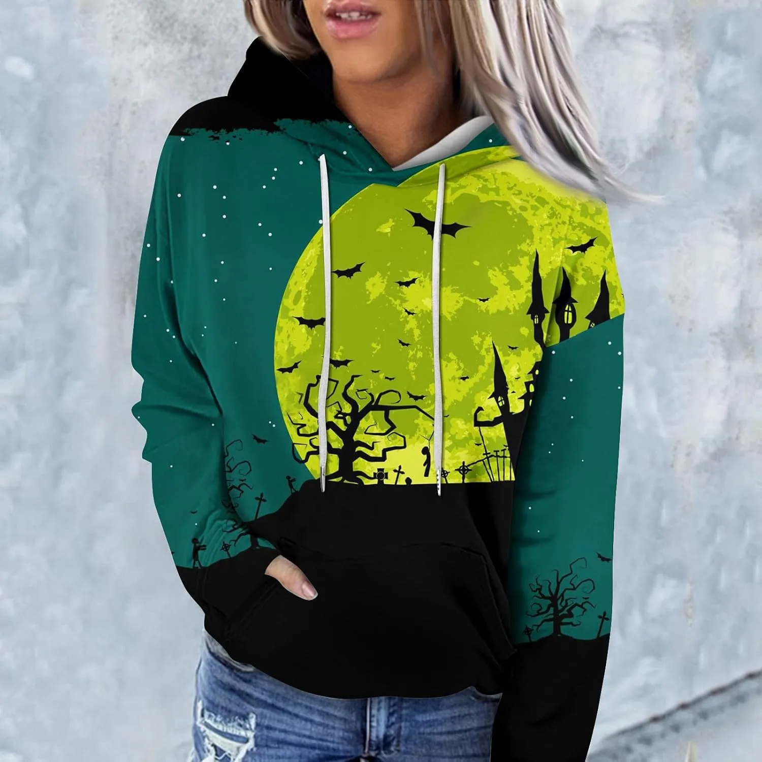 Women's Halloween Witch Shadow Print Casual Shirt Oversized Halloween Graphic Hoodie Fall Fashion Long Sleeve Pullover