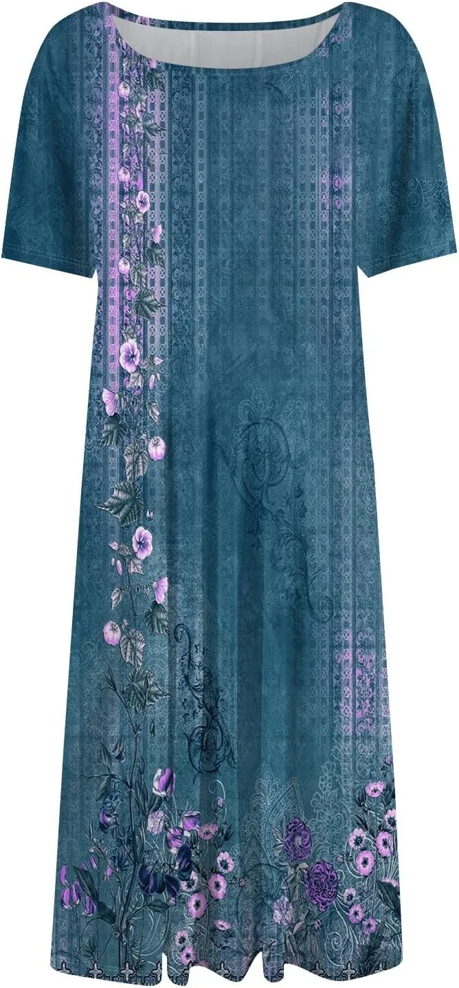 Women's Midi Dresses Summer Casual Loose Trendy Short Sleeve Crew Neck Floral Print Boho Dress 2025 Plus Size, S-3XL