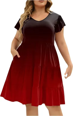 Women's Plus Size Dresses for Curvy Floral Print Short Sleeve Loose Large Hem Tshirt Dresses with Pockets