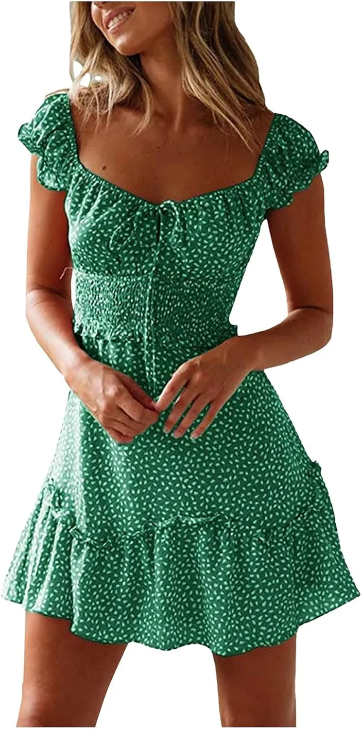 Womens Ruffle Floral Mini Sundress 2024 Summer Outdoor Vacation Travel Dress Square Neck Bohemia Style High Waisted Dresses