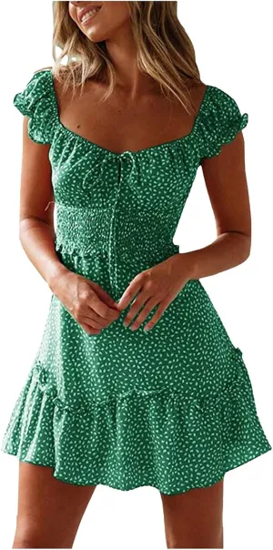 Womens Ruffle Floral Mini Sundress 2024 Summer Outdoor Vacation Travel Dress Square Neck Bohemia Style High Waisted Dresses