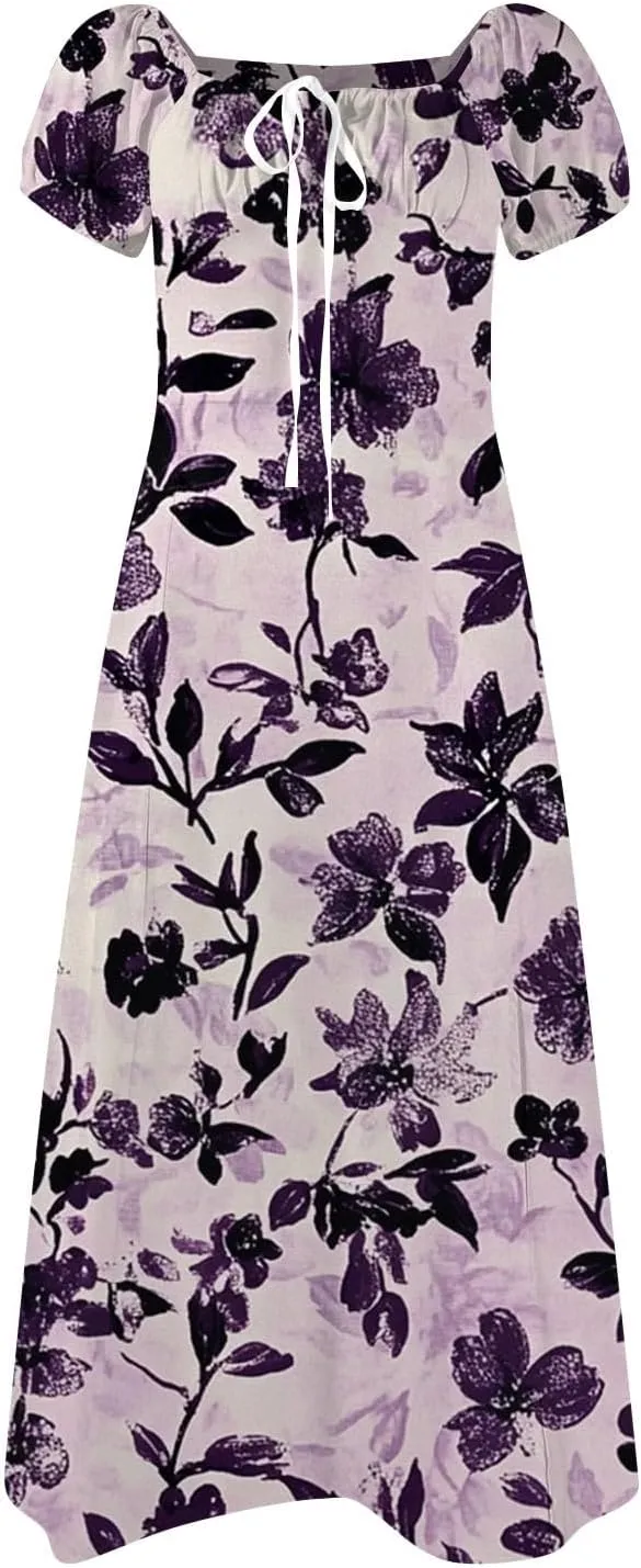 Women's Sexy Square Neck Short Sleeve Maxi Dress Bowknot Floral Print Prom Party Cocktail Dresses Plus, XS-3XL
